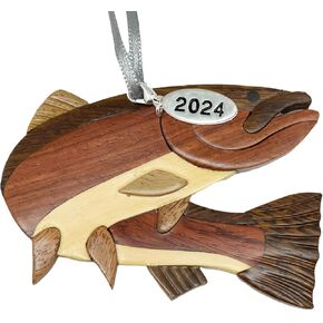 زينة عيد الميلاد لصيد سمك السلمون المرقط من Steelhead 2024، زينة عيد الميلاد الخشبية ذات اللونين، تصميم إنتارسيا، زخارف سمك السلمون المرقط، زينة عيد الميلاد المرقط، زينة الصيد، تأتي في صندوق هدايا