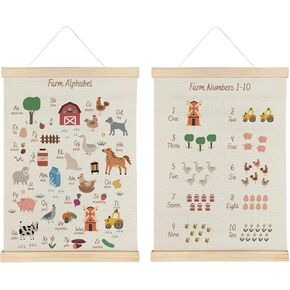 Qvapt Farm Animal Number Alphabet Poster Set - Farm Animal Number Alphabet Playroom Nursery Wall Art,Animal Alphabet Playroom Nursery Decor,Fram Animal Alphabet Posters 12x16 with Hanger