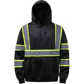 High visibility Hoodie for Men Class3,Hi Vis Hoodie with Zipper, Reflective Hoodie Hood,Construction work Safety Sweatshirt with Large front Pocket for Men/Women BLACK，XL