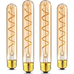 E26 Tubular LED Light Bulbs 40Watt,7.3inch T10 Tube Long Light Bulb Dimmable,4W Thin Vintage Edison LED Filament Decorative Antique Light Bulb,2700K Warm White Type T Bulb,400LM,110V,Amber(4-Pack)