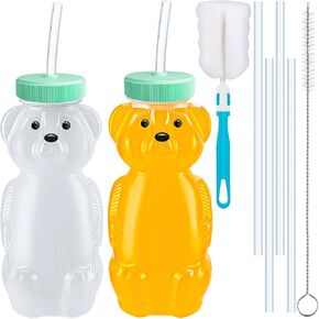 4 PCS Honey Bear Straw Cup, Baby Straw Cups with 8 Flexible Straws and 1 Straw Brushes, 8oz Special Supplies Juice Bear Bottle for Infant Feeding, Drinking Needs of Those with Poor Oral Health (Blue)