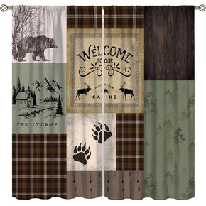 Cabin Retro Curtains Rustic Lodge Window Treatments, Bear Deer Moose Wild Animals Curtains for Living Room, Plaid Check Adventure Farmhouse Drapes 2 Panel Sets,42x63 Inch