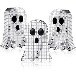 3 Pcs Halloween Disco Ghost Decorations 6 inch Ghost Table Decorations Indoor Silver Ghost Sign Signs Halloween Tiered Tray Decor Mosaic Ghosts Table Centerpiece for Kitchen Party Gift