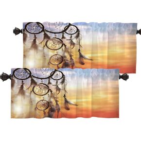 Batmerry Dreamcatcher Sunset Space Kitchen Valances Half Window Curtain, Dreamcatcher Native American Indian Dream Catcher Circle Feather Kitchen Tiers for Windows Decor Reducing The Light,Set of 2