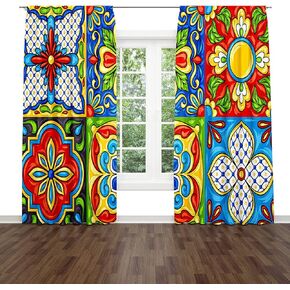 Mexican Window Drapes Curtain Talavera Ceramic Ethnic Folk Rod Pocket Drapes Curtain for Living Room Home Decor 26x84 Inches 2 Panels