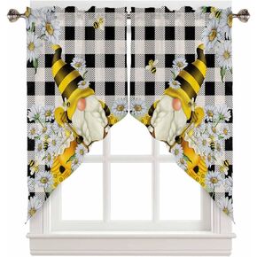 Spring Bee Gnome Swag Valance Curtains, Honey Bee Gnome Daisy Rod Pocket Kitchen Valance Curtains Buffalo Check Plaid Scalloped Swag Curtains for Living Room Bathroom Window, 1 Pair, 36" W x 36" L