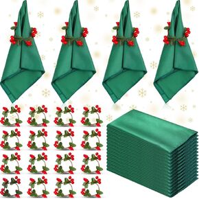 40 Pcs Christmas Napkins and Red Berry Rings Set 20 Pcs Washable Christmas Cloth Napkins 20 Pcs Red Berry Napkin Rings Holder for Holiday Party Dinner Table Decoration(Green, Cute)