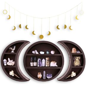 Moon Shelf Set - 3PCS Moon Phase Wall Hanging Shelf with Gold Moon Phase Wall Decor Crystal Shelf Crystal Display Shelf, Moon Wall Decor, Shelves For Wall Decor Crystal Storage Wiccan Decor Dark Brown