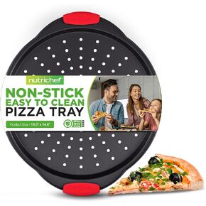 NutriChef 13-Inch Nonstick Pizza Tray - Round Carbon Steel Non-Stick Pizza Baking Pan with Perforated Holes, Premium Bakeware Pizza Screen with Silicone Grip Handles, Dishwasher Safe - NCBPIZ1