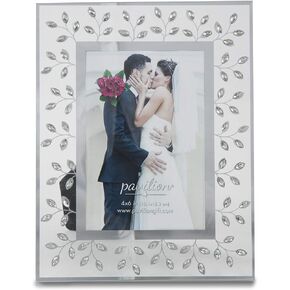 Pavilion Gift Company 85116 Glorious Occasions - Our Engagement White Crystal Mirrored 4x6 Picture Frame,, SILVER