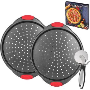 Non-Stick Pizza Pans (2 PACK), Round Pizza Trays for Oven with Perforated Holes, 13 Inch Pizza Baking Pan with Pizza Cutter and Silicone Handle, Oven & Dishwasher Safe Carbon Steel