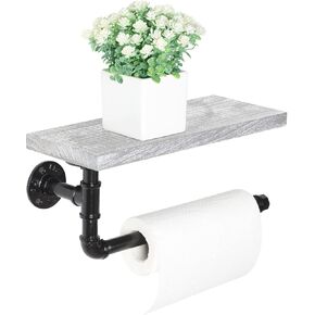 MOOACE Pipe Paper Towel Holder, Industrial Paper Towel Rack Wall-Mounted Toilet Paper Holder with Shelf for Kitchen, Bathroom, Washroom, Rustic Gray