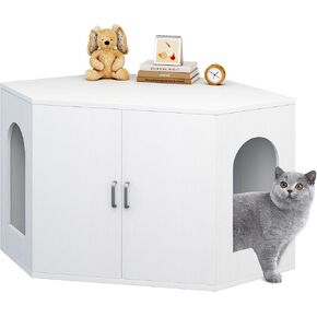 Dosker Corner Cat Litter Box Enclosure Furniture, Hidden Cat Washroom Furniture, Cat Washroom, Cabinet for Large Cat,Cat House with Open Shelf, Living Room, Bedroom, White
