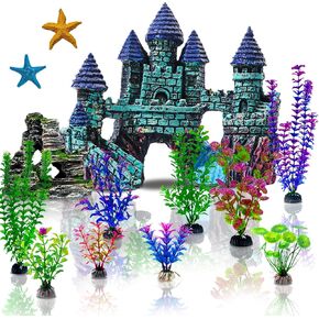 Mechpia 13 Pieces Aquarium Decorations Kit, Fish Tank Decorations Set Small Resin Castle and Rockery Betta Fish Cave Hideout Coral Artificial Plastic Plants Ornament Accessories