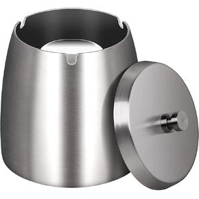 Ash tray Indoors Outdoors,Smokeless Ashtray with Lid for Cigarettes,Large Ashtray Windproof/Rainproof,Stainless Steel Heavy Ashtray for Patio Outside Home Table Decor(silvery, Large)
