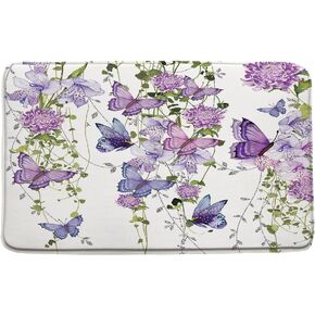 Flower Butterfly Bath Mat Purple Floral Watercolor Butterflies Bathroom Bedroom Kitchen Rug Soft Memory Foam Backing 16x24 Inches