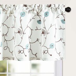 Leeva Floral Valance for Windows, Embroidery Blossoms Linen Textured Short Curtains Drapes for Laundry Room, 52 x 18, Brown, Rod Pocket