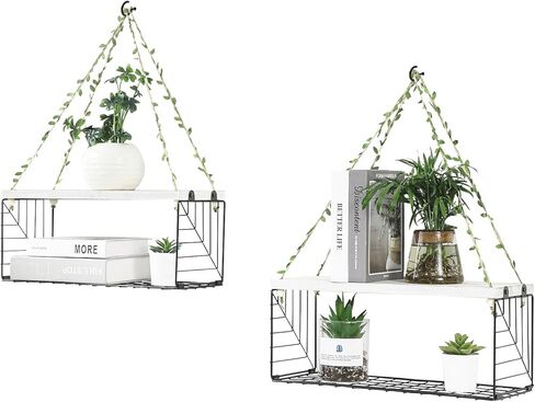 Hanging Shelves for Wall Set of 2 Hanging Plant Shelf - Aesthetic Wooden Floating Rope Bookshelves Wall Decor for Bedroom, Bathroom, Living Room,White (Style 2) in Kuwait