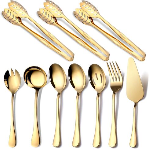 Gold Serving Utensils, OGORI 10-Piece Polished Stainless Steel Gold Serving Utensils Set Include Serving Spoons, Slotted Serving Spoon, Serving Tongs, Serving Fork, Salad Fork, Soup Ladle, Pie Server in Saudi Arabia