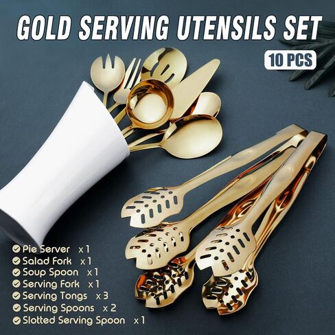 Gold Serving Utensils, OGORI 10-Piece Polished Stainless Steel Gold Serving Utensils Set Include Serving Spoons, Slotted Serving Spoon, Serving Tongs, Serving Fork, Salad Fork, Soup Ladle, Pie Server in Saudi Arabia