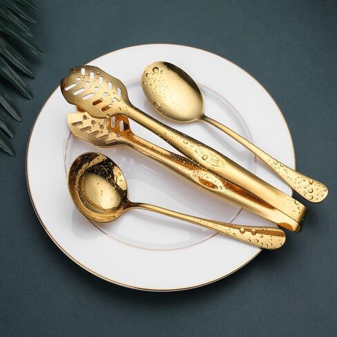 Gold Serving Utensils, OGORI 10-Piece Polished Stainless Steel Gold Serving Utensils Set Include Serving Spoons, Slotted Serving Spoon, Serving Tongs, Serving Fork, Salad Fork, Soup Ladle, Pie Server in Saudi Arabia