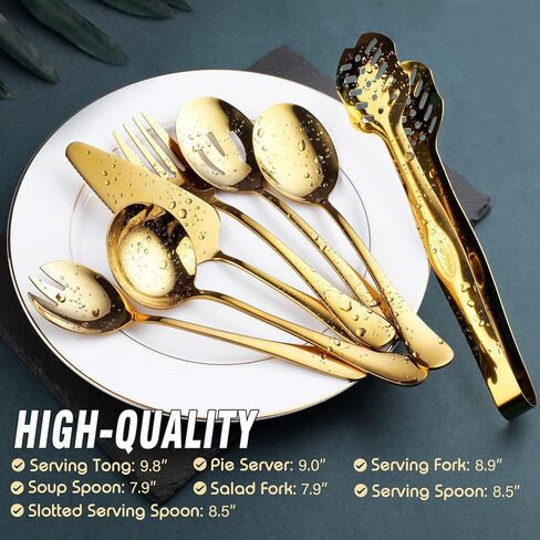 Gold Serving Utensils, OGORI 10-Piece Polished Stainless Steel Gold Serving Utensils Set Include Serving Spoons, Slotted Serving Spoon, Serving Tongs, Serving Fork, Salad Fork, Soup Ladle, Pie Server in Saudi Arabia