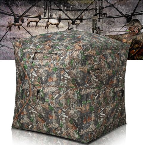 HUNTSEN Hunting Blind 360 Degree See Through Ground Blind 2-3 Person - Portable Pop Up Deer Blind with Full Open Door - Camouflage Ground Blind for Deer & Turkey Hunting in Saudi Arabia