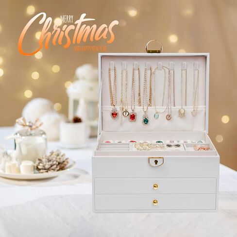 مانجوتري صندوق منظم مجوهرات للنساء/الفتيات، حافظة تخزين مجوهرات كبيرة من جلد البولي يوريثين من 3 طبقات، فكرة هدية، حامل مجوهرات قابل للقفل للخواتم والاقراط والساعات والقلائد والاساور (بينك) in Kuwait