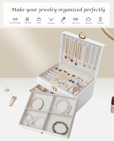 مانجوتري صندوق منظم مجوهرات للنساء/الفتيات، حافظة تخزين مجوهرات كبيرة من جلد البولي يوريثين من 3 طبقات، فكرة هدية، حامل مجوهرات قابل للقفل للخواتم والاقراط والساعات والقلائد والاساور (بينك) in Kuwait