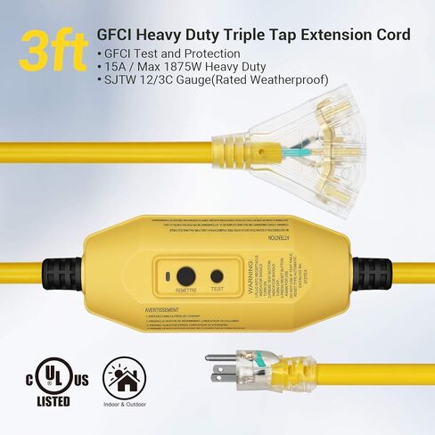 دليل سلك تمديد GFCI خارجي بطول 3 أقدام من DEWENWILS، سلك تمديد قياس 12/3 لأجهزة متعددة، كابل طاقة عالي التحمل مع قابس LED مضاء بـ 3 شقوق، أسود، مدرج في قائمة UL in Kuwait