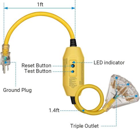 دليل سلك تمديد GFCI خارجي بطول 3 أقدام من DEWENWILS، سلك تمديد قياس 12/3 لأجهزة متعددة، كابل طاقة عالي التحمل مع قابس LED مضاء بـ 3 شقوق، أسود، مدرج في قائمة UL in Kuwait