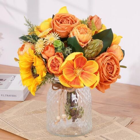 Dolicer Artificial Flowers with Vase, 14’’ Artificial Silk Roses in Vase, Faux Flower Arrangement with Vase for Table Centerpiece Office Farmhouse Kitchen Coffee Dining Home Decor (Yellow) in Saudi Arabia