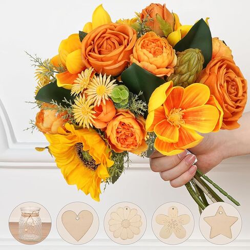 Dolicer Artificial Flowers with Vase, 14’’ Artificial Silk Roses in Vase, Faux Flower Arrangement with Vase for Table Centerpiece Office Farmhouse Kitchen Coffee Dining Home Decor (Yellow) in Saudi Arabia