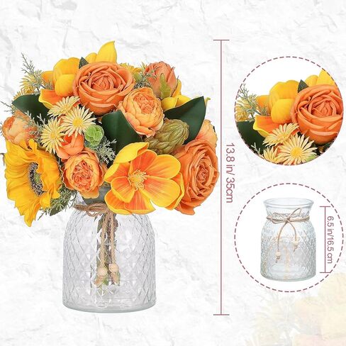 Dolicer Artificial Flowers with Vase, 14’’ Artificial Silk Roses in Vase, Faux Flower Arrangement with Vase for Table Centerpiece Office Farmhouse Kitchen Coffee Dining Home Decor (Yellow) in Saudi Arabia