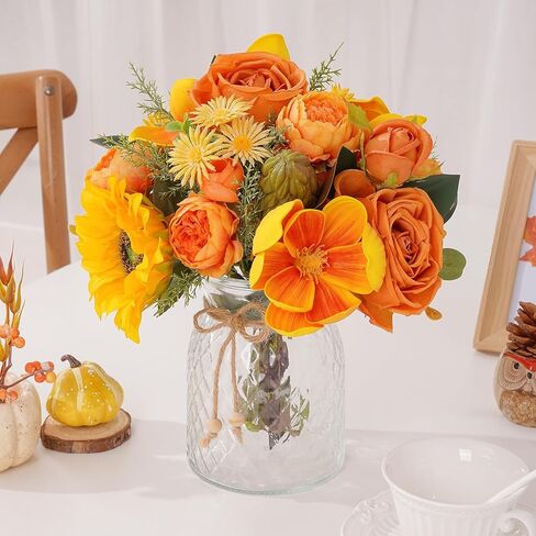 Dolicer Artificial Flowers with Vase, 14’’ Artificial Silk Roses in Vase, Faux Flower Arrangement with Vase for Table Centerpiece Office Farmhouse Kitchen Coffee Dining Home Decor (Yellow) in Saudi Arabia
