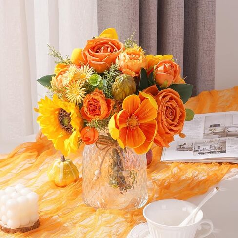 Dolicer Artificial Flowers with Vase, 14’’ Artificial Silk Roses in Vase, Faux Flower Arrangement with Vase for Table Centerpiece Office Farmhouse Kitchen Coffee Dining Home Decor (Yellow) in Saudi Arabia