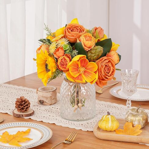 Dolicer Artificial Flowers with Vase, 14’’ Artificial Silk Roses in Vase, Faux Flower Arrangement with Vase for Table Centerpiece Office Farmhouse Kitchen Coffee Dining Home Decor (Yellow) in Saudi Arabia