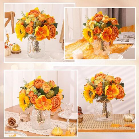 Dolicer Artificial Flowers with Vase, 14’’ Artificial Silk Roses in Vase, Faux Flower Arrangement with Vase for Table Centerpiece Office Farmhouse Kitchen Coffee Dining Home Decor (Yellow) in Saudi Arabia