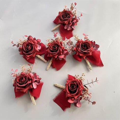 6pcs/lot Artificial Rose Boutonniere for Men, Wedding Party Decorations, Groomsmen Bouquets, Groom Boutonniere with Rose Petals, (pink boutonniere) in Saudi Arabia