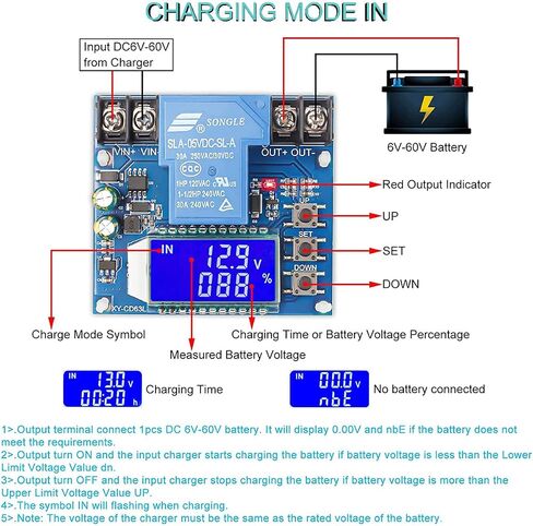 مفتاح قطع الجهد المنخفض DC 6V-60V مفتاح قطع حماية الجهد المنخفض 30A وحدة حماية الجهد شاشة LCD مع كابل أحمر وأسود 16awg لبطارية ليثيوم حمض الرصاص in Saudi Arabia