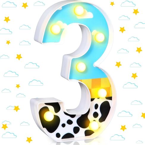 Toy Inspired Birthday Party Supplies LED Light up Number Cartoon Party Decoration Cow Print Blue Sky White Cloud Marquee Glowing Number Sign for Kids 2nd Birthday Party (Number 2) in Kuwait