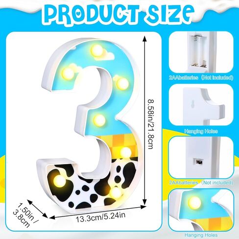 Toy Inspired Birthday Party Supplies LED Light up Number Cartoon Party Decoration Cow Print Blue Sky White Cloud Marquee Glowing Number Sign for Kids 2nd Birthday Party (Number 2) in Kuwait