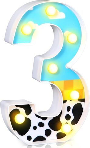 Toy Inspired Birthday Party Supplies LED Light up Number Cartoon Party Decoration Cow Print Blue Sky White Cloud Marquee Glowing Number Sign for Kids 2nd Birthday Party (Number 2) in Kuwait