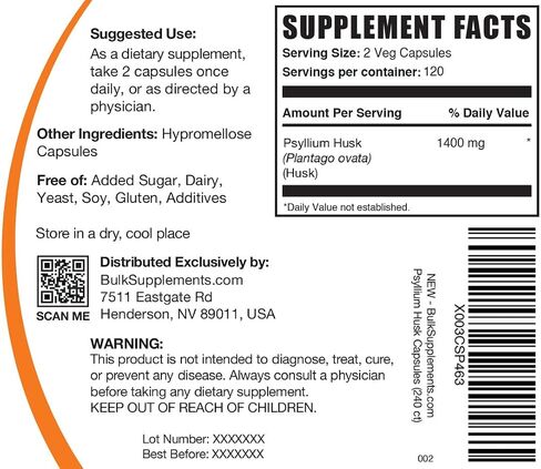 BulkSupplements.com Psyllium Husk Capsules - Fiber Supplement, Psyllium Husk Fiber, Psyllium Husk Pills - Vegan & Gluten Free, 2 Capsules (1400mg) per Serving, 240 Veg Capsules in Saudi Arabia