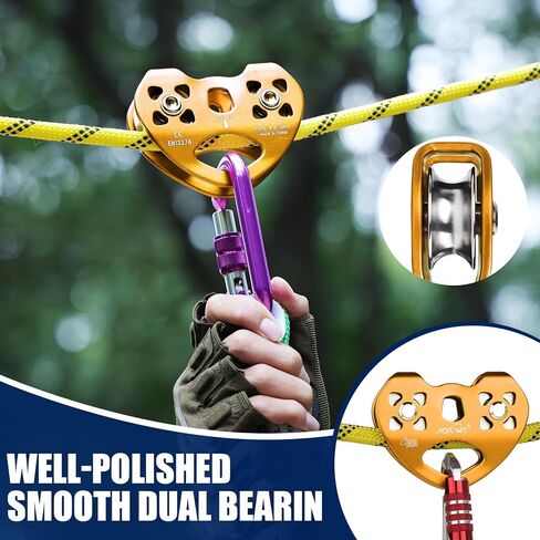 AOKWIT Zipline Pulley 25kn Aluminum Stainless Steel Roller Double Tandem Dual Trolley Ropes 8-13mm Climbing Pulley Cable Rope Heavy Duty for Rescue Hauling Backyard Zipline Rigging Rock Climbing Gear in Kuwait