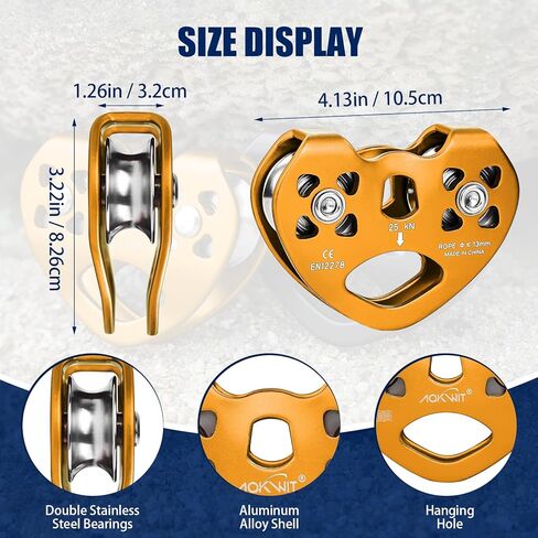 AOKWIT Zipline Pulley 25kn Aluminum Stainless Steel Roller Double Tandem Dual Trolley Ropes 8-13mm Climbing Pulley Cable Rope Heavy Duty for Rescue Hauling Backyard Zipline Rigging Rock Climbing Gear in Kuwait