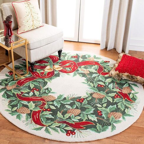 SAFAVIEH Vintage Poster Collection Area Rug - 5' Round, Black & Green, Handmade Christmas Wreath Novelty Wool, Ideal for High Traffic Areas in Living Room, Bedroom (VP323A) in Saudi Arabia