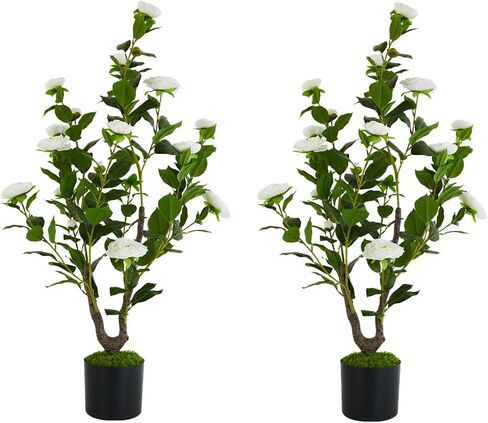 40"/3.28FT Artificial Camellia Tree 1 Pack White Fake Plants for Home Office Front Door Indoor Decor Fake Potted Tree with Blooming Flowers and Fake Moss (1, White) in Saudi Arabia