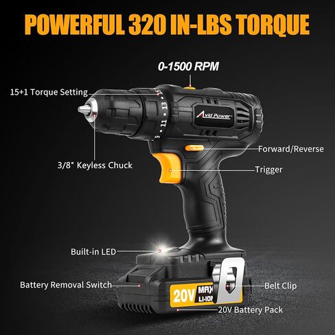 AVID POWER 20V Cordless Drill Set 320 In-lbs Torque Power Drill/Driver Kit with 2 Variable Speed, 3/8'' Keyless Chuck in Saudi Arabia