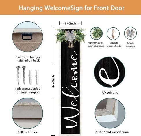 Welcome Sign for Front Porch Standing 45"X9" Large Outdoor Decor Rustic Vertical Leaner Wood Frame Porch Tall Welcome Signs for Farmhouse Outside Front Door Wall Decorations (White Black) in Saudi Arabia